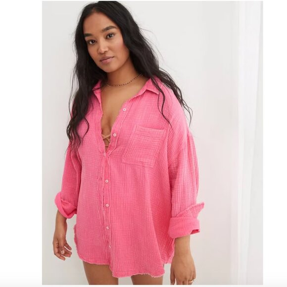 Aerie Pool to Party Pink Gauze Collared Button Down Front Shirt Top - Picture 1 of 14